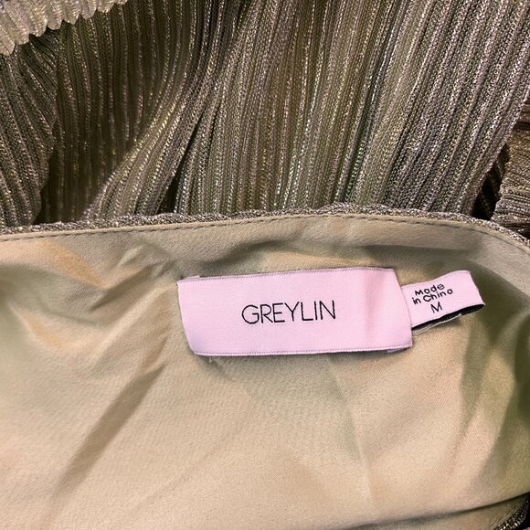 GREYLIN Sage  Green Delilah Shoulder Tie Plisse Maxi Dress Sz M - Picture 7 of 13